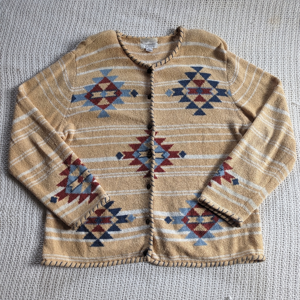 Christopher & Banks Cardigan Sweater Hand Embroidered Aztec Tribal Women's XL